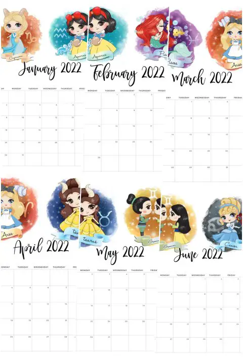 Calendario 2022 Princesas Zodiaco