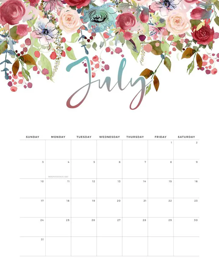 Calendario Floral Julho