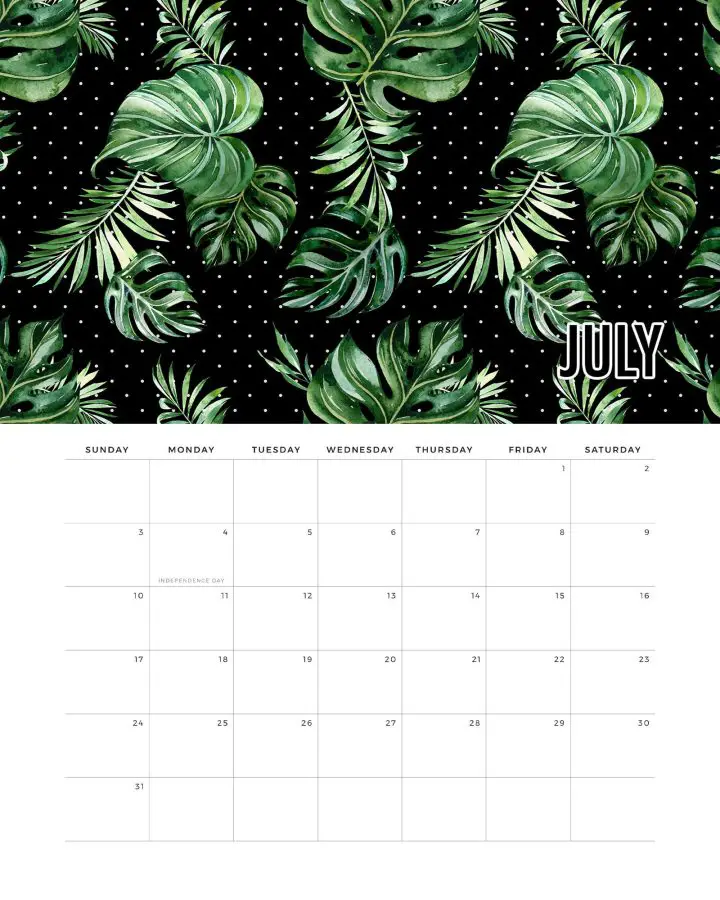 Calendario Folhagens Julho