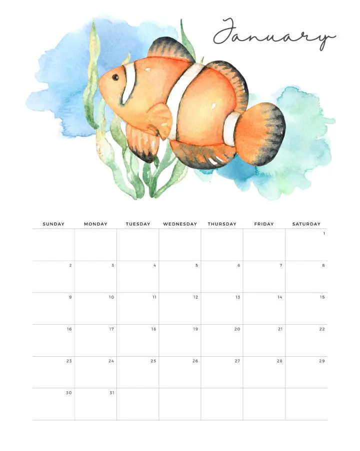 Calendario Fundo do Mar Janeiro