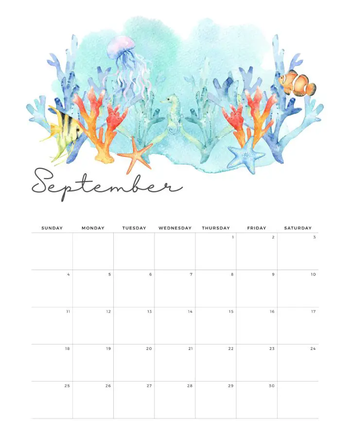 Calendario Fundo do Mar Setembro