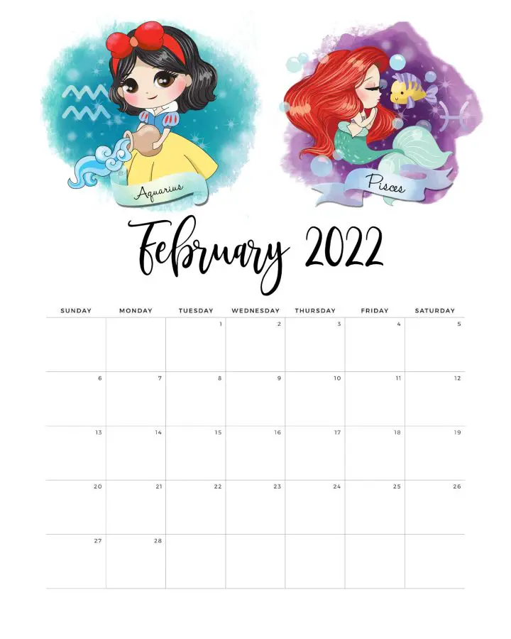 Calendario Princesas Fevereiro