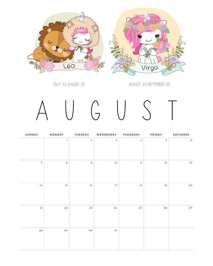 Calendario Unicornio Agosto