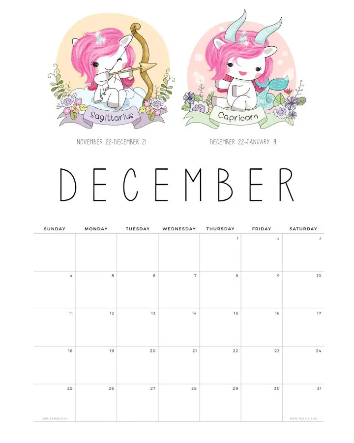 Calendario Unicornio Dezembro