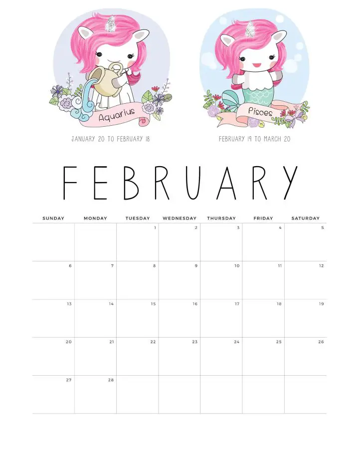 Calendario Unicornio Fevereiro