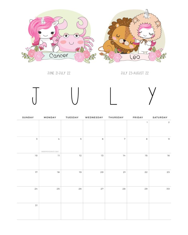 Calendario Unicornio Julho