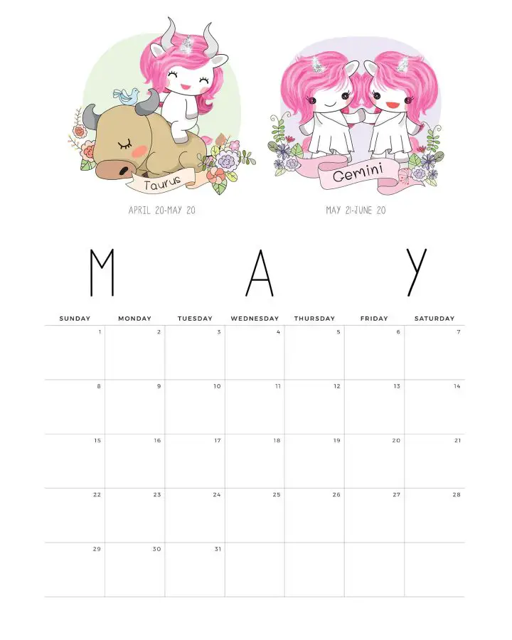Calendario Unicornio Maio