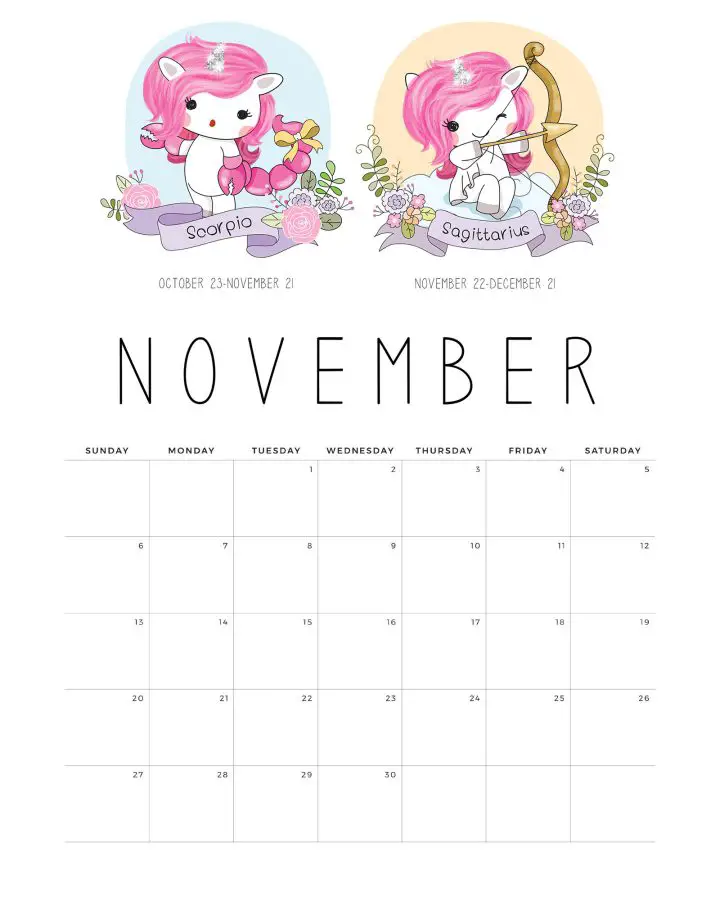 Calendario Unicornio Novembro