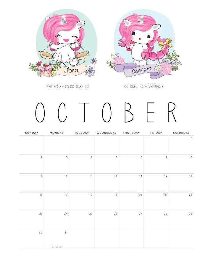 Calendario Unicornio Outubro