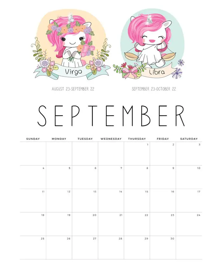 Calendario Unicornio Setembro