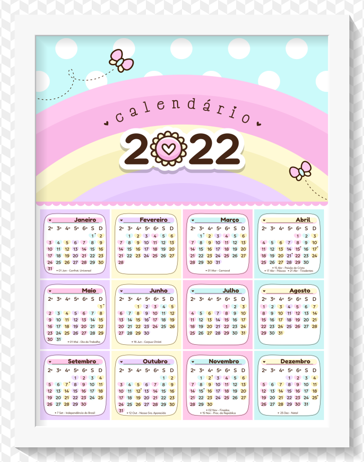 Calendário Mensal 2022 Arco Íris Cute para Imprimir 1 Quadro Calendario 2022 arco iris cute