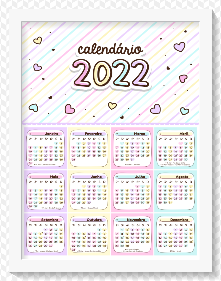 Calendário Mensal 2022 Coração Cute para Imprimir 1 Quadro Calendario 2022 coracao cute