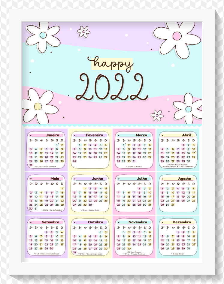 Calendário Mensal 2022 Flores Cute para Imprimir 1 Quadro Calendario 2022 flores cute