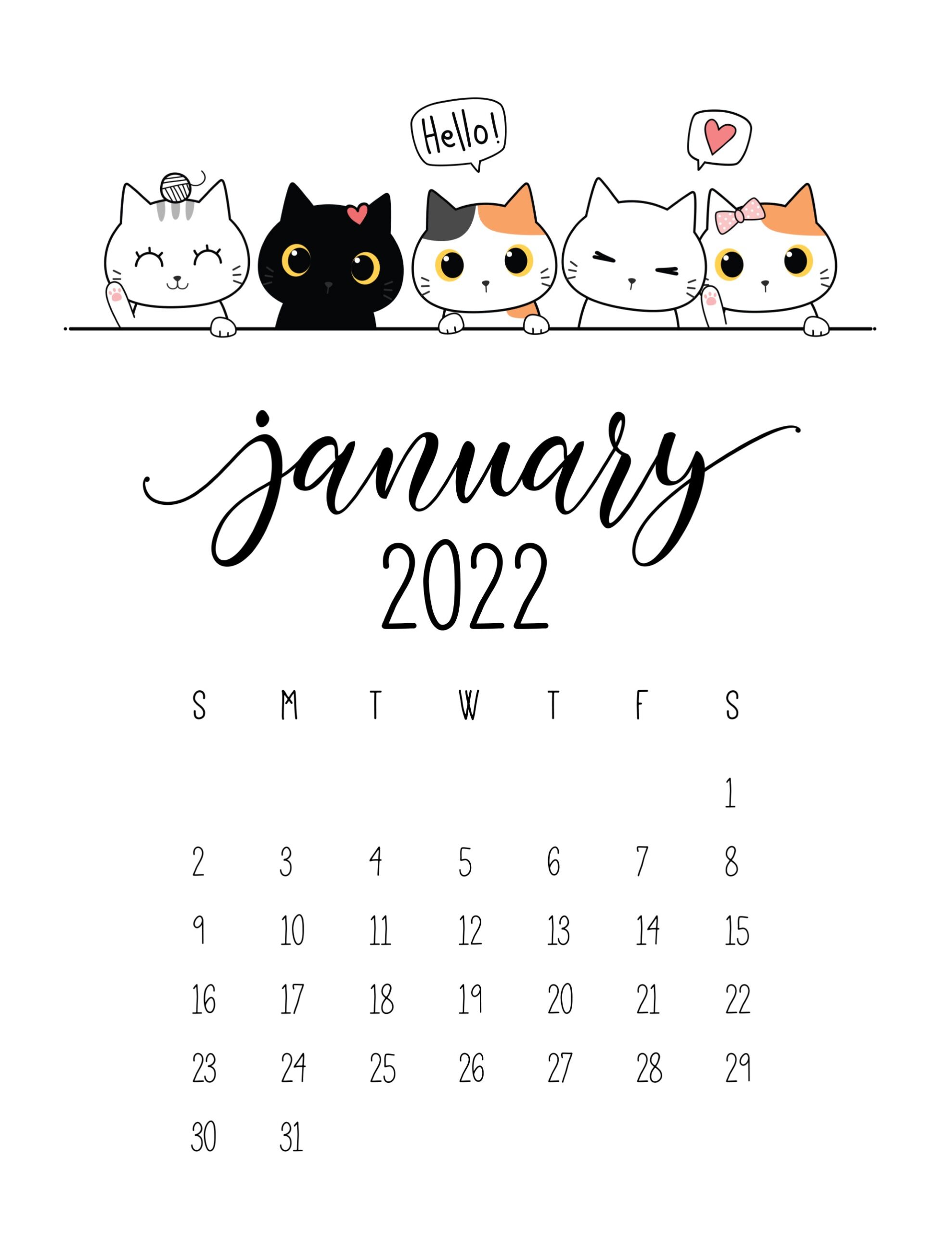 Calendario 2022 gatinhos janeiro