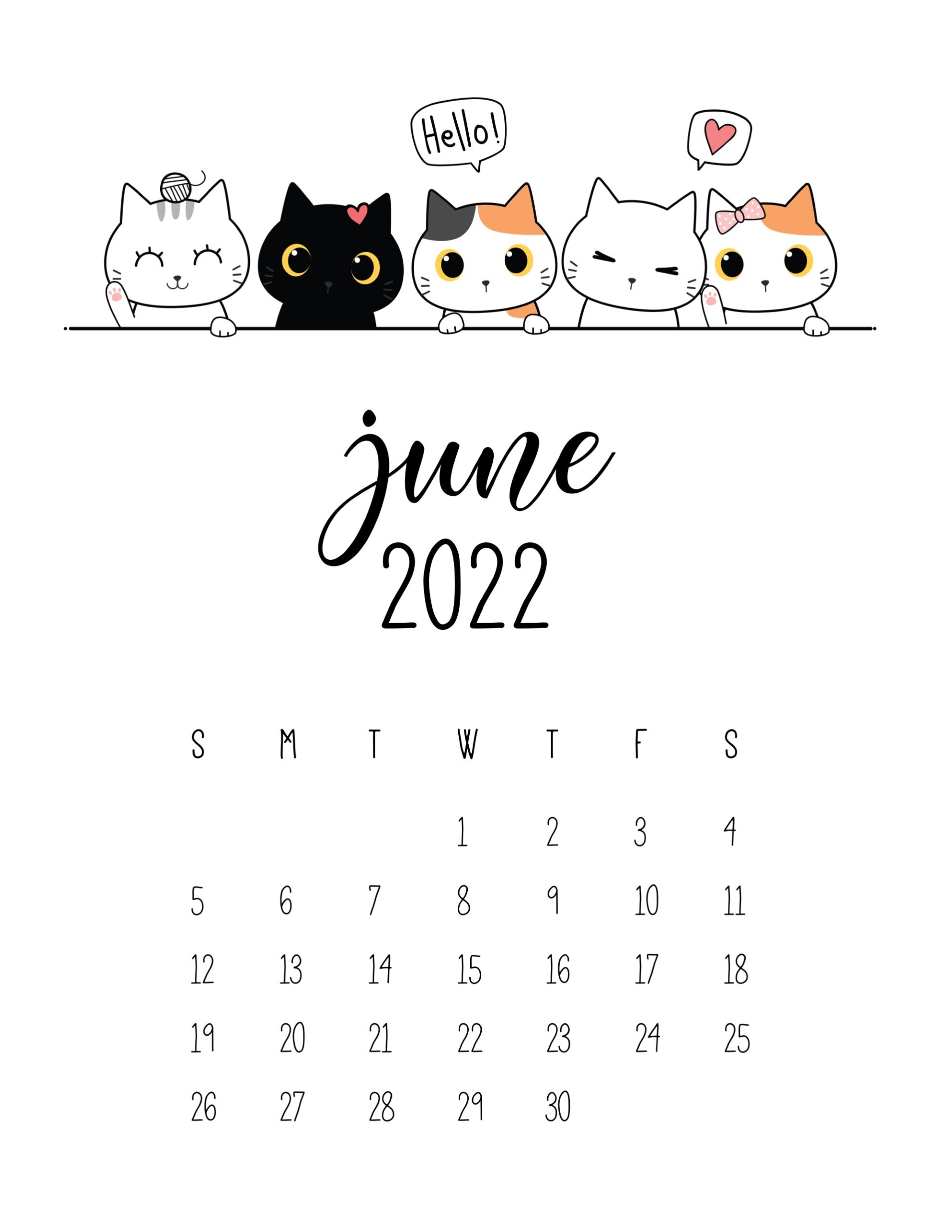 Calendario 2022 gatinhos junho