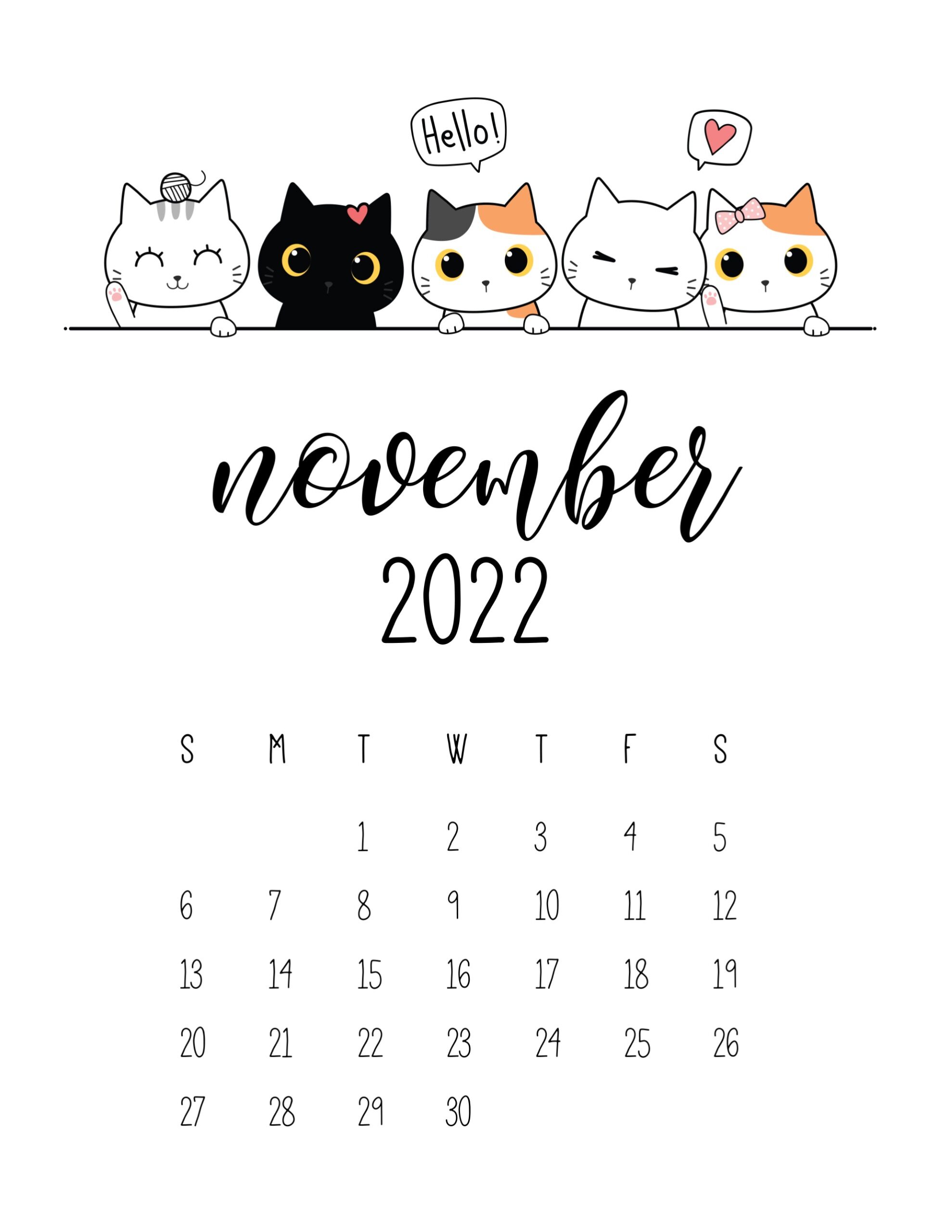 Calendario 2022 gatinhos novembro