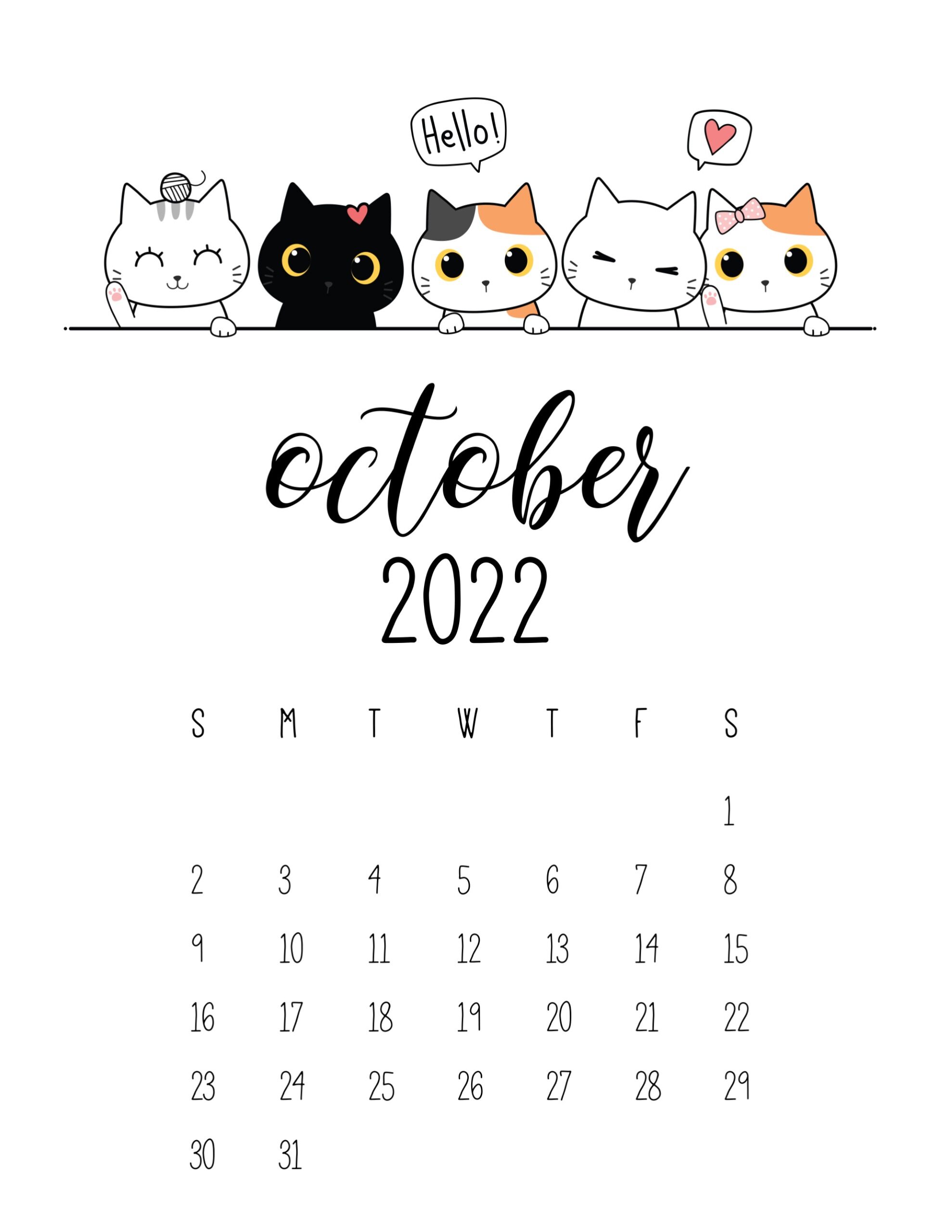 Calendario 2022 gatinhos outubro
