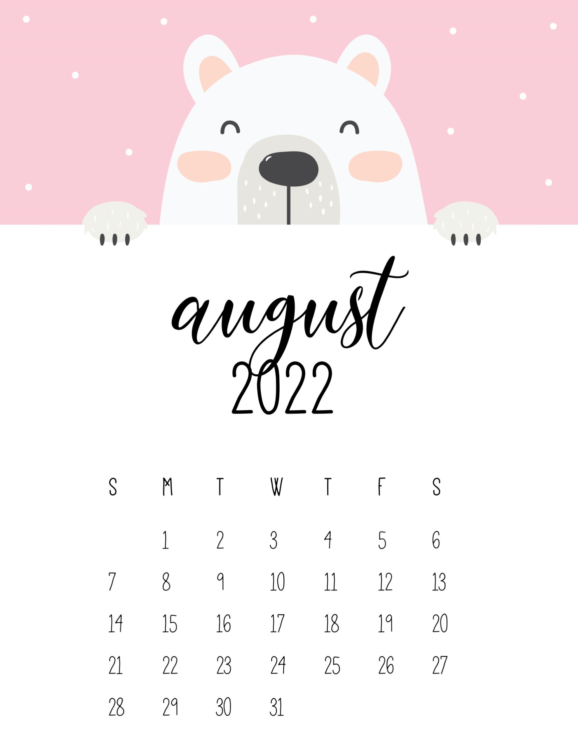 Calendario 2022 urso cute agosto
