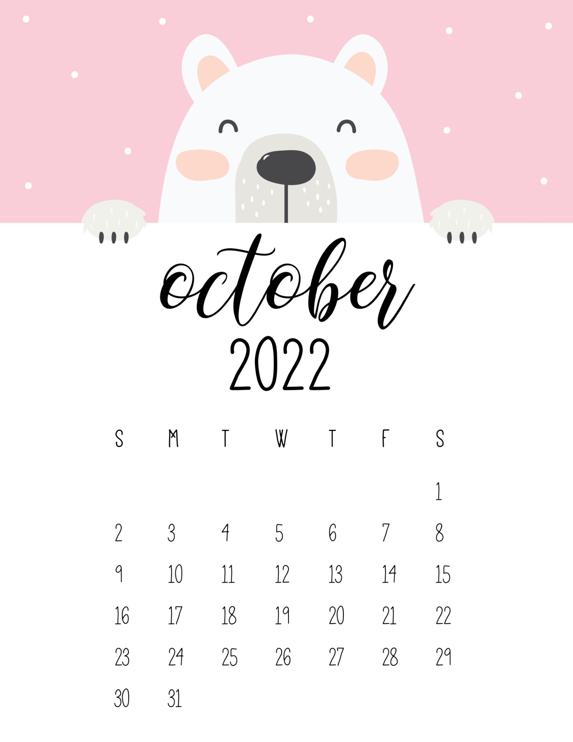 Calendario 2022 urso cute outubro