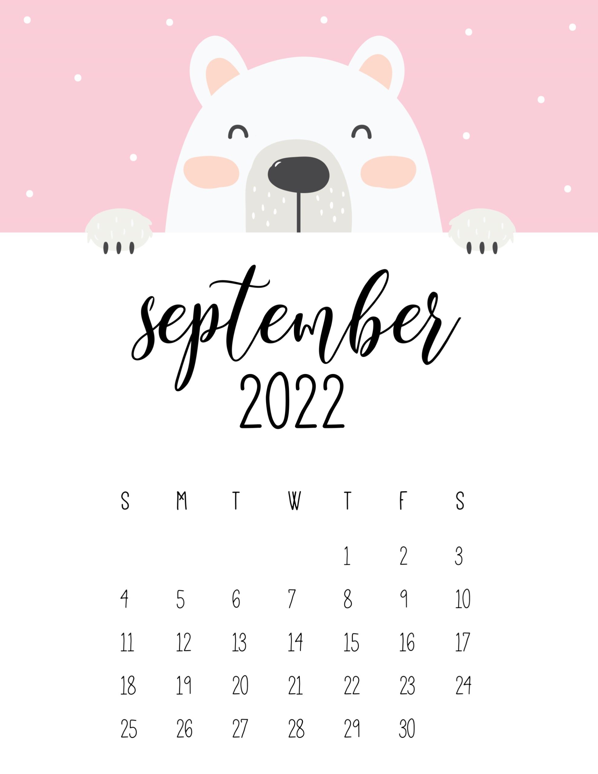 Calendario 2022 urso cute setembro