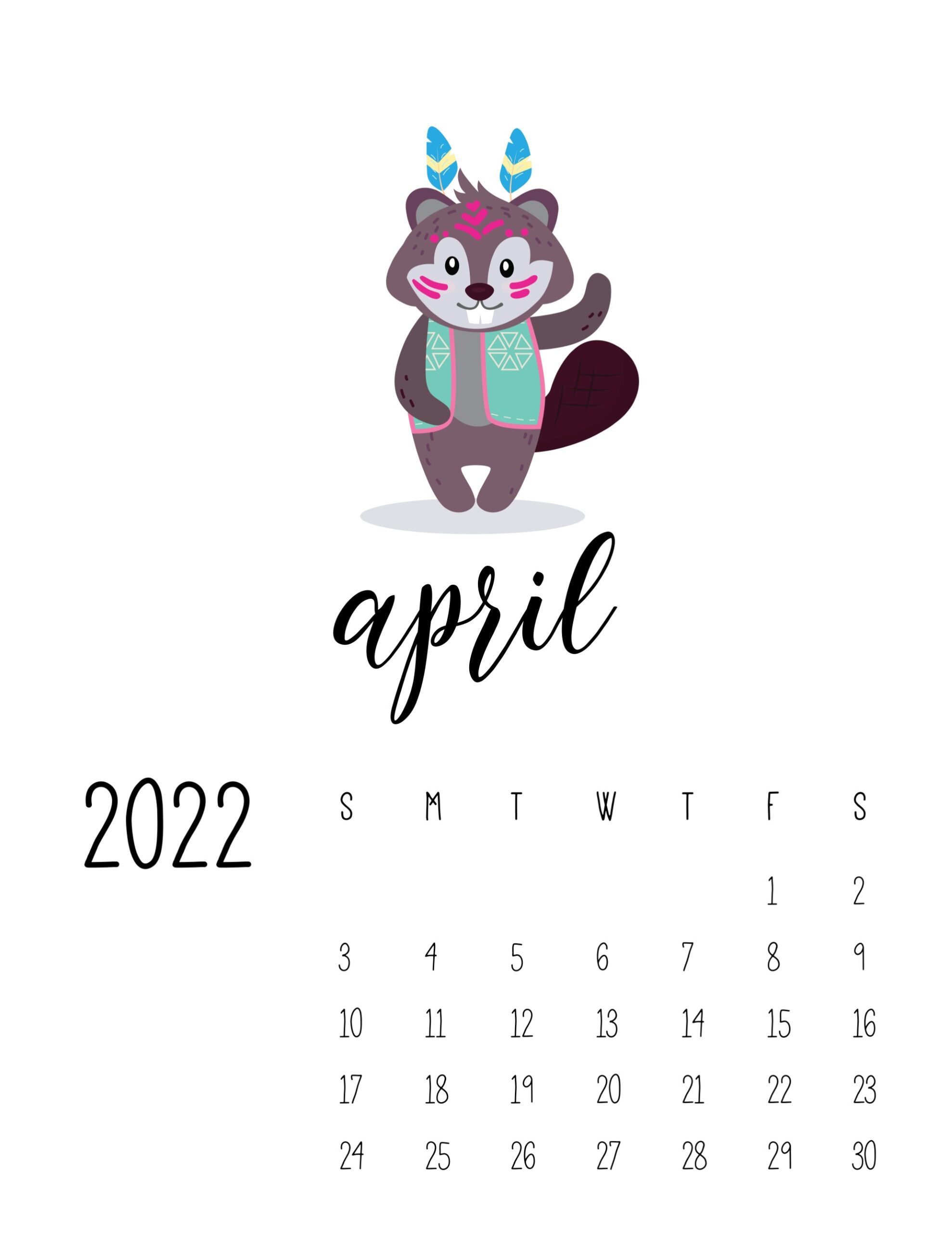calendario 2022 animais cute abril
