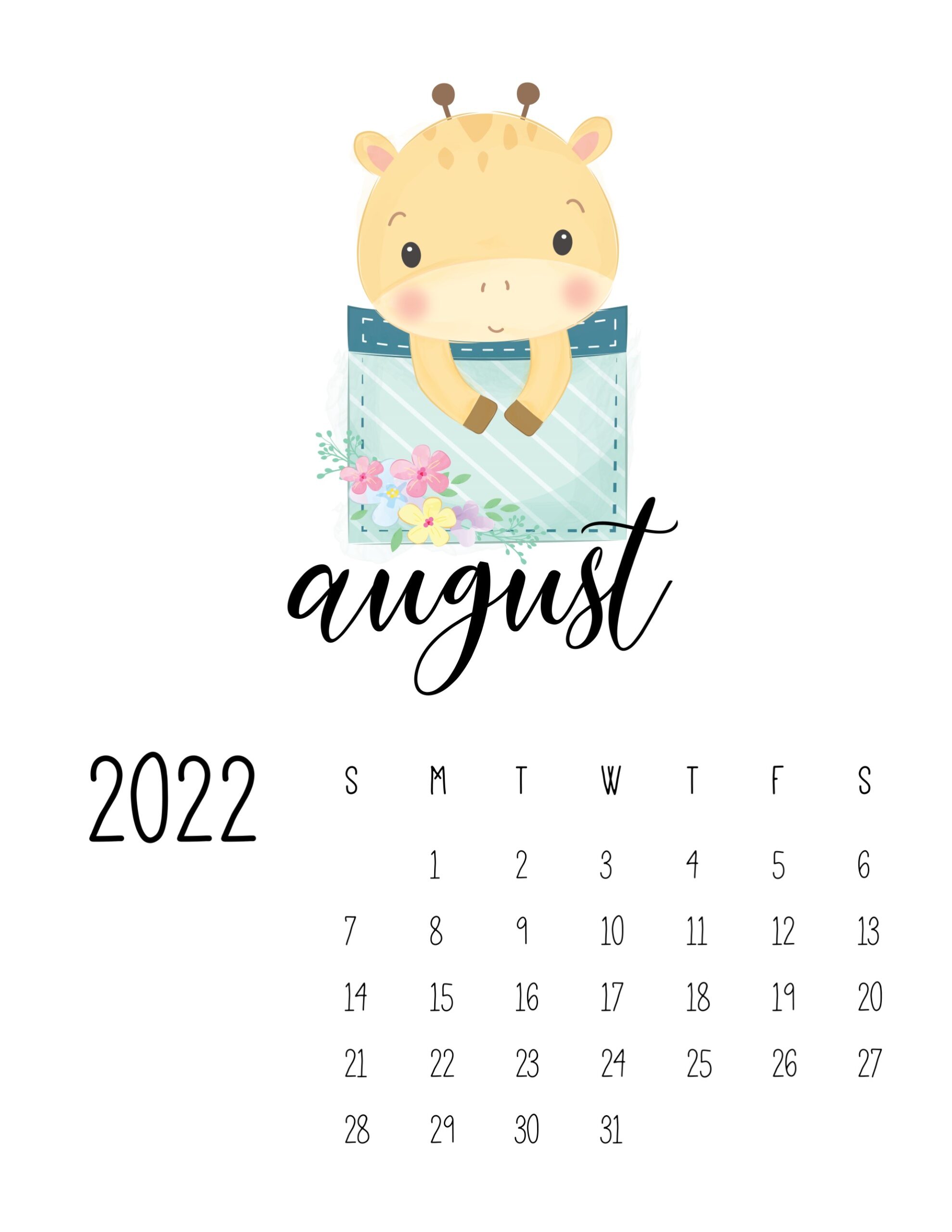 calendario 2022 animais cute agosto 1