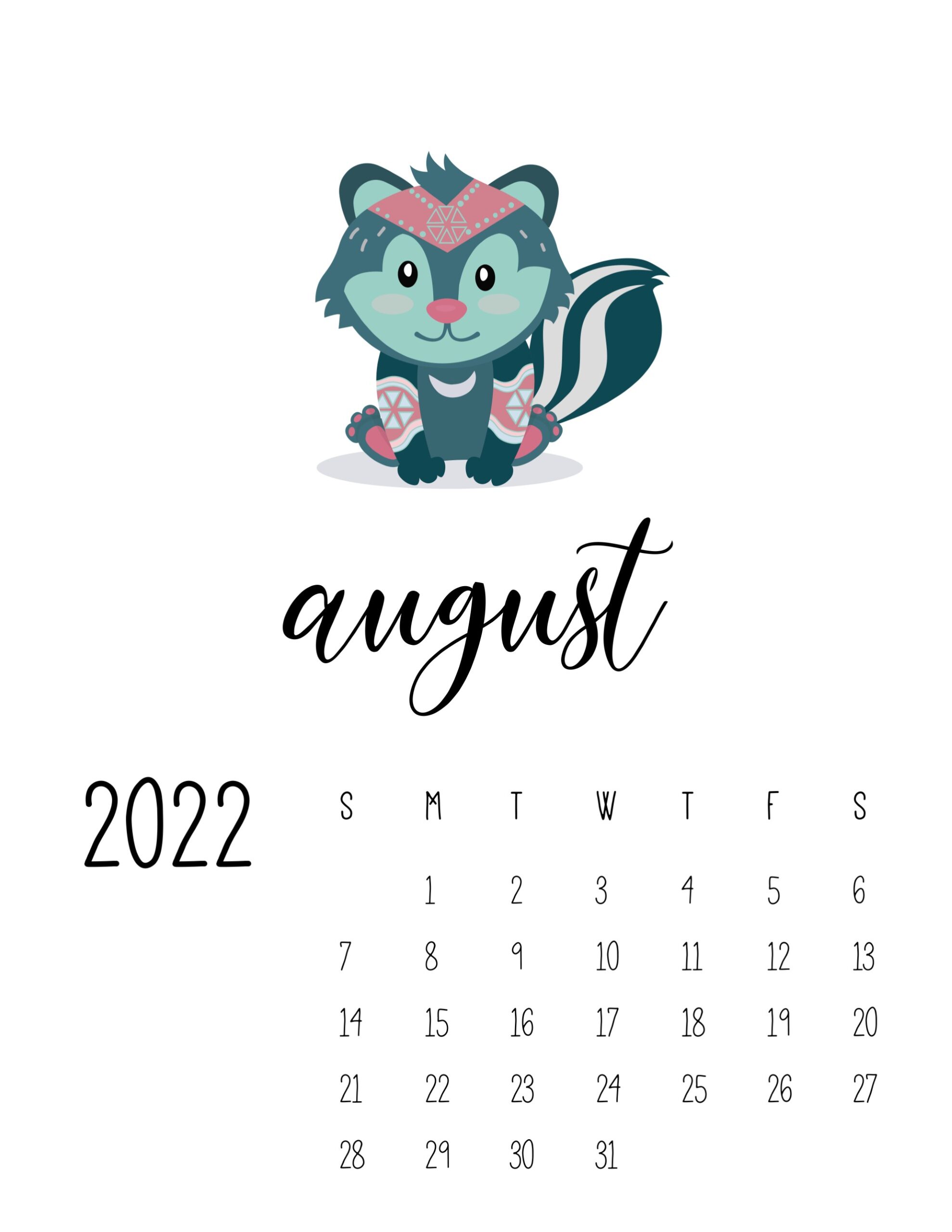 calendario 2022 animais cute agosto