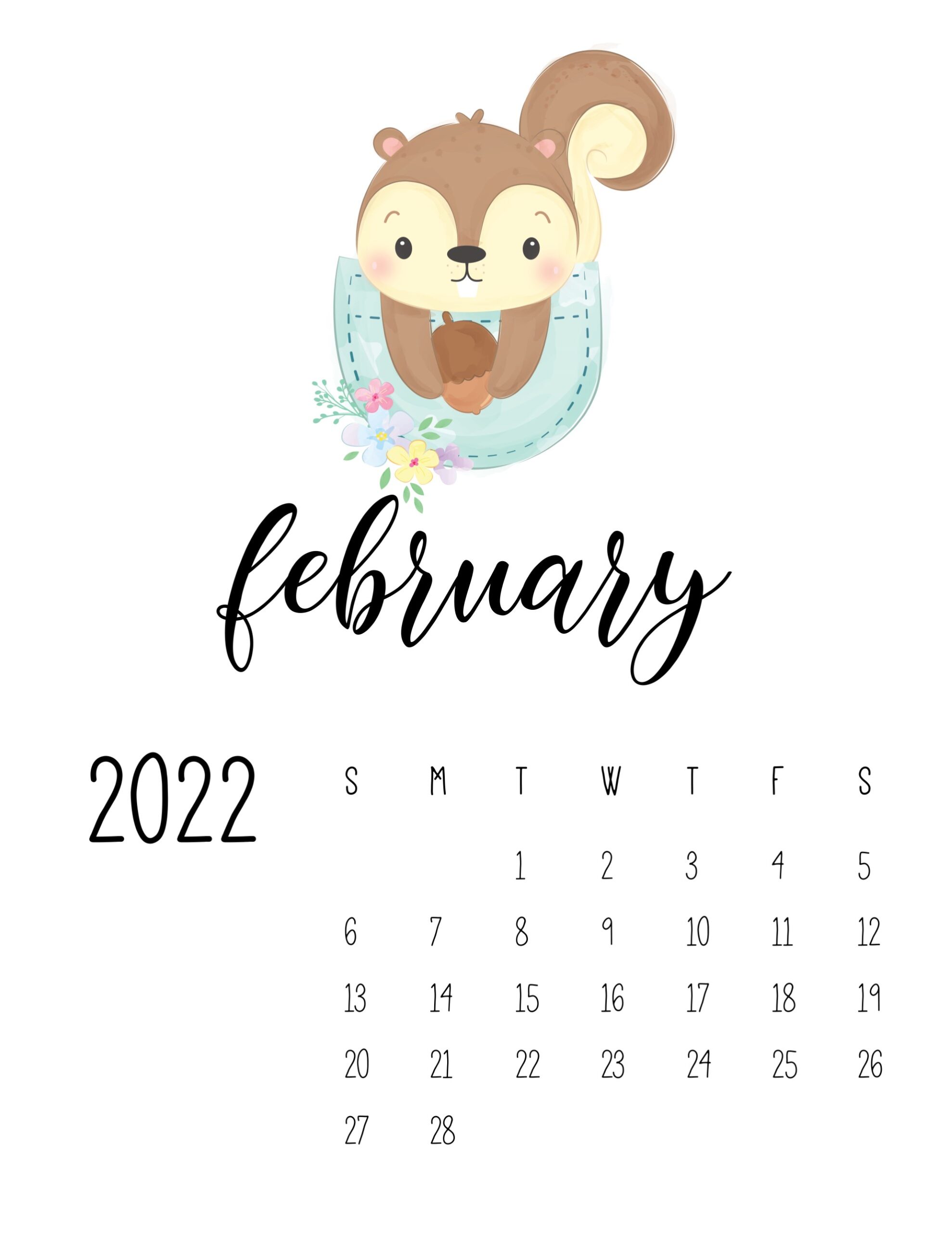 calendario 2022 animais cute fevereiro 1