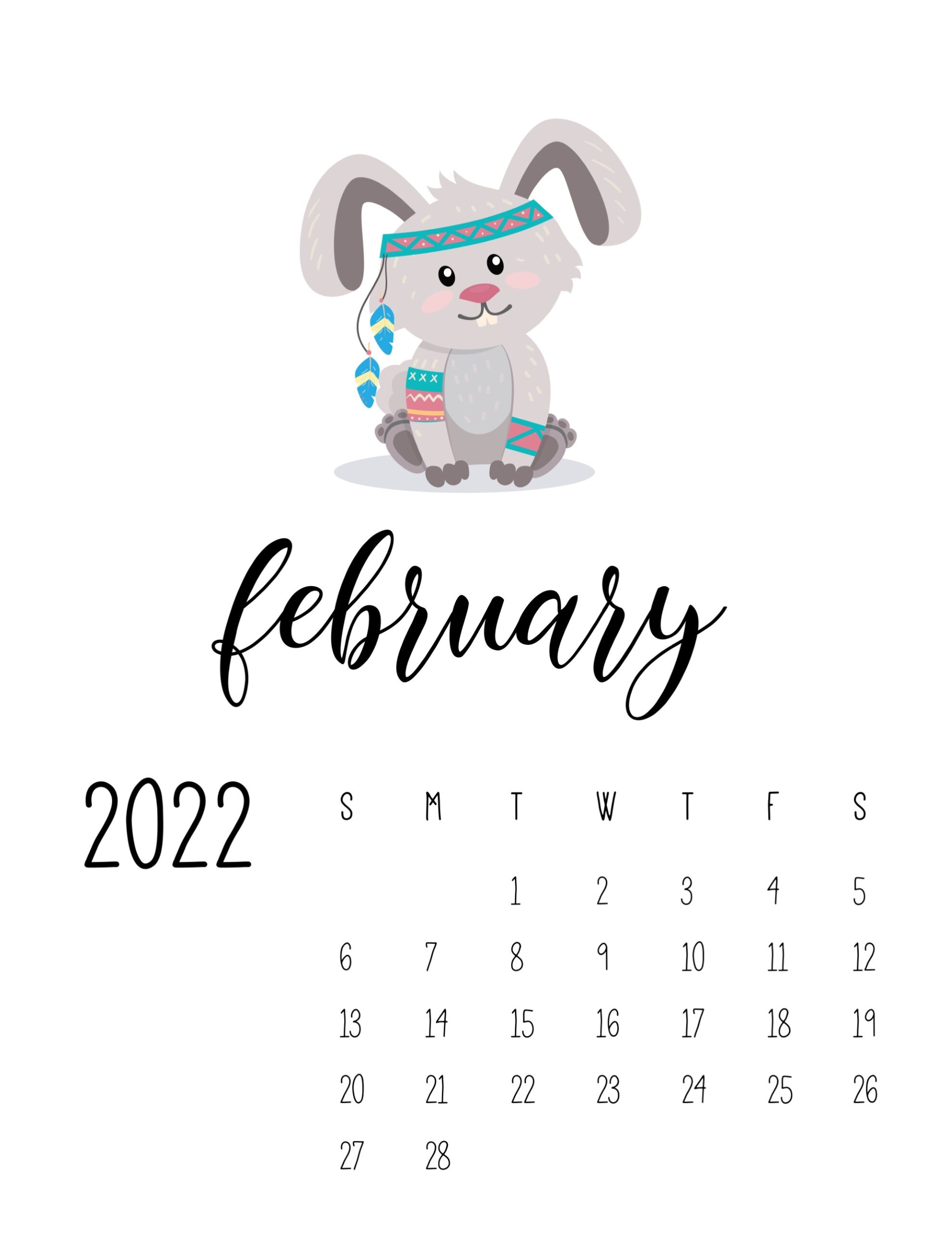 calendario 2022 animais cute fevereiro