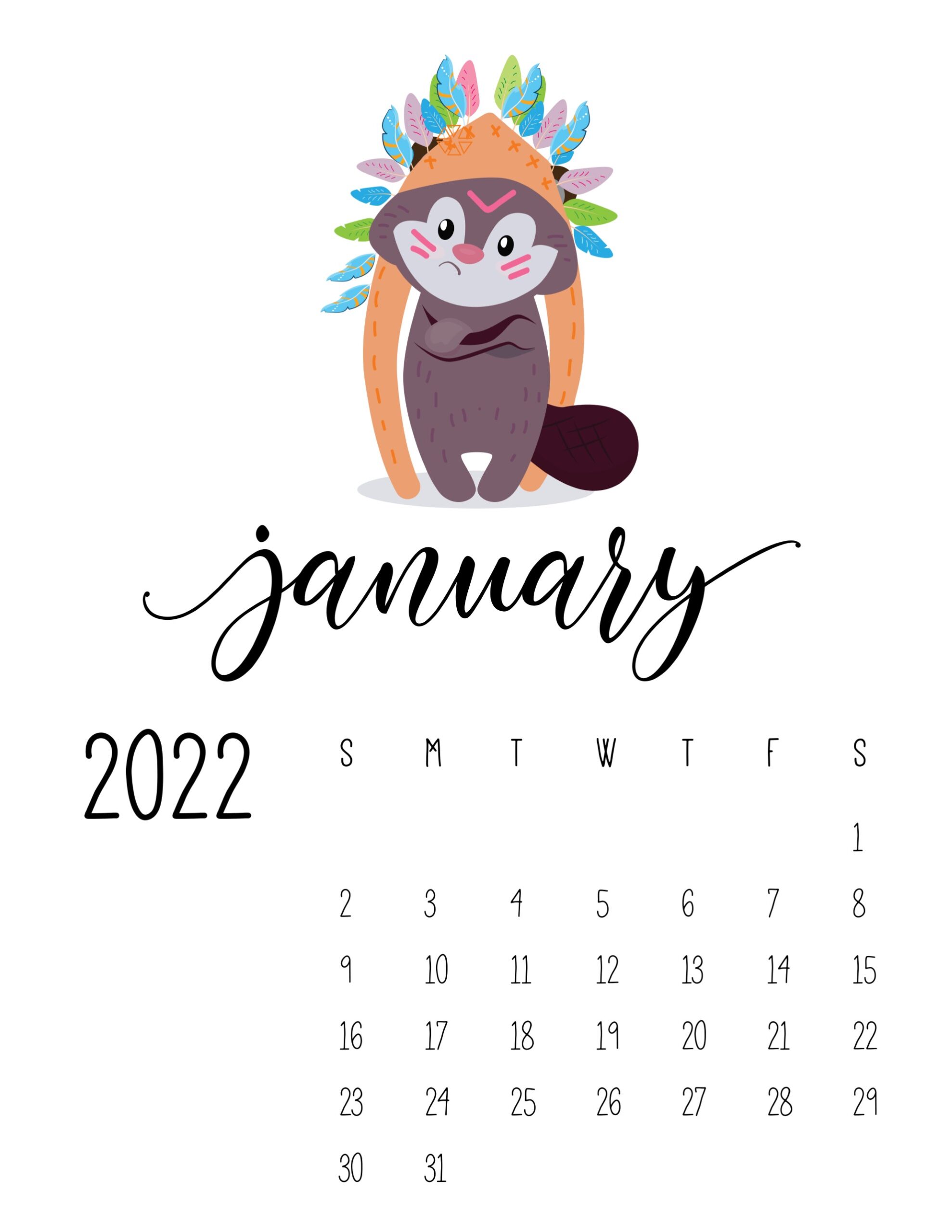 calendario 2022 animais cute janeiro