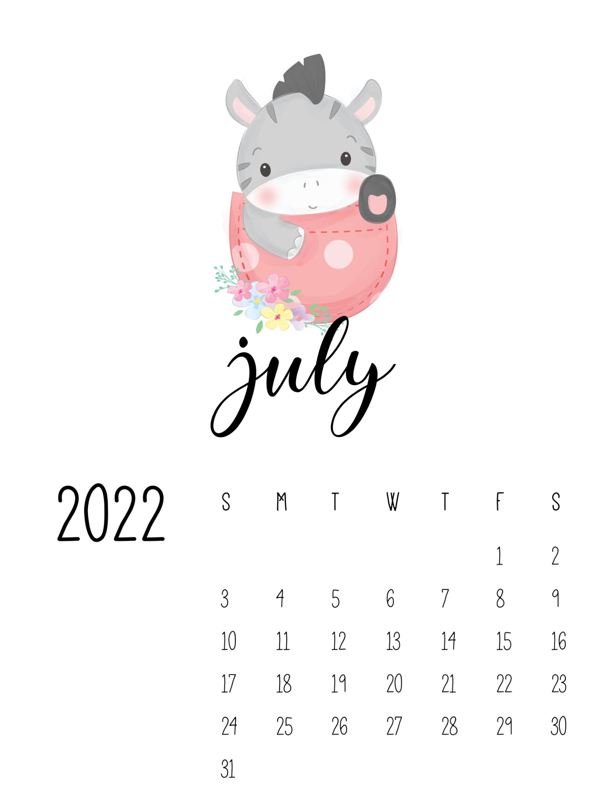 calendario 2022 animais cute julho 1