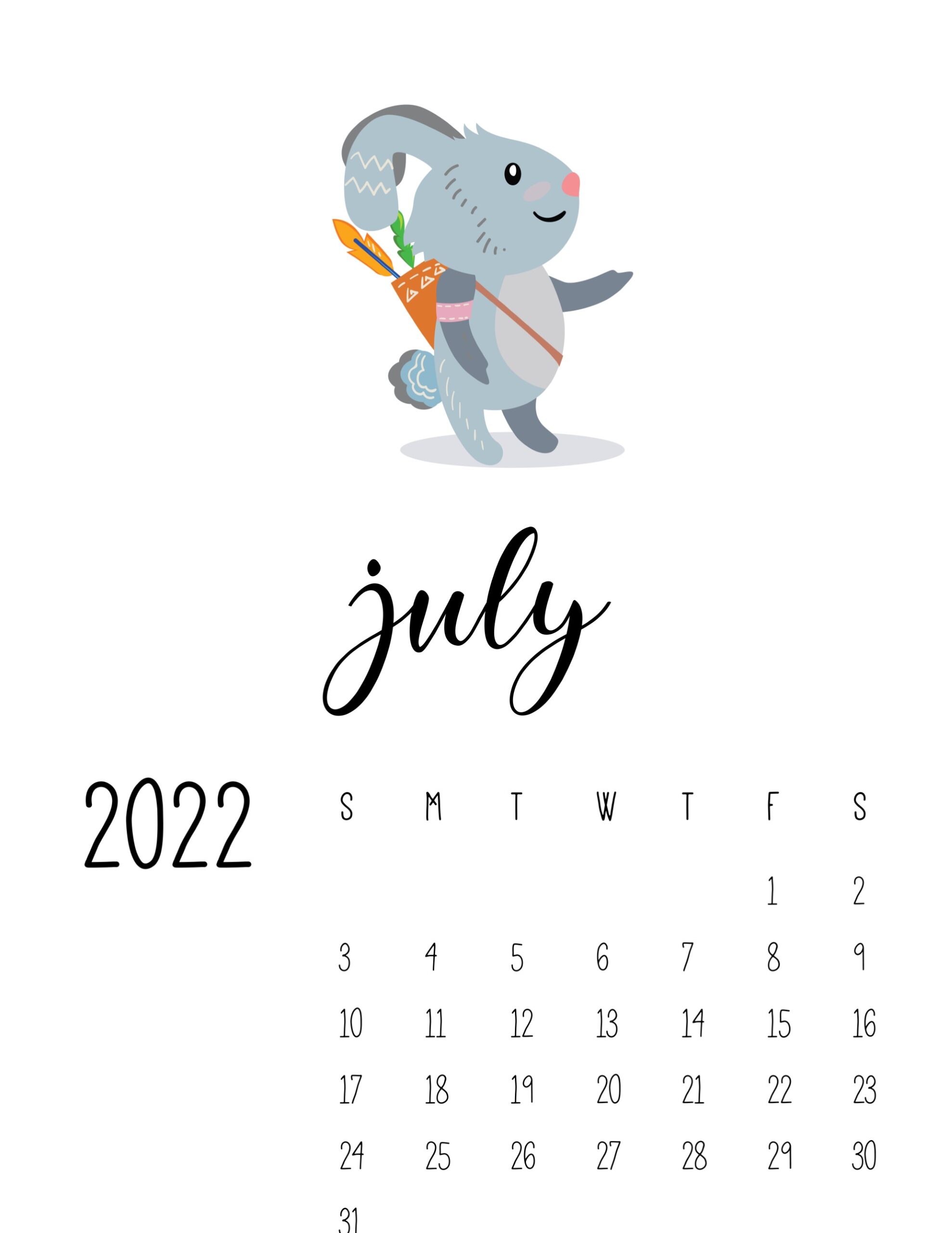 calendario 2022 animais cute julho