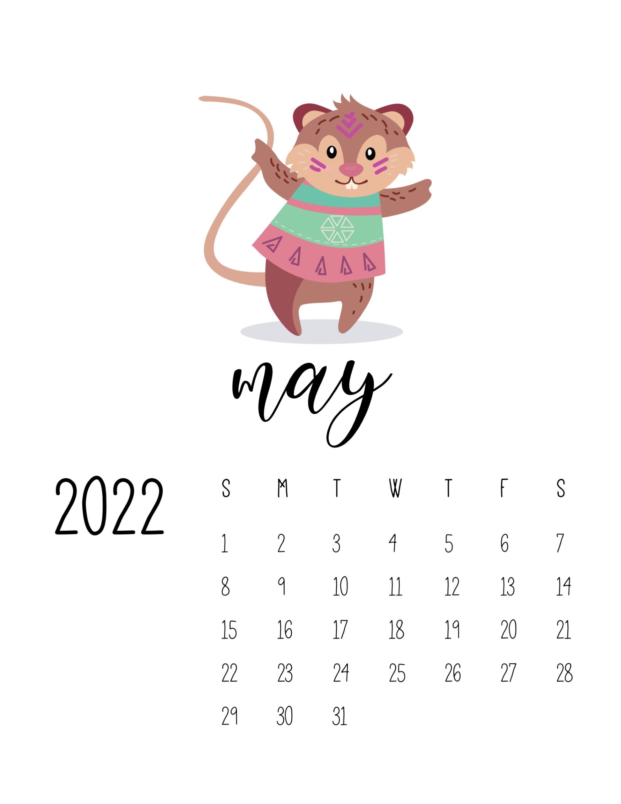 calendario 2022 animais cute maio