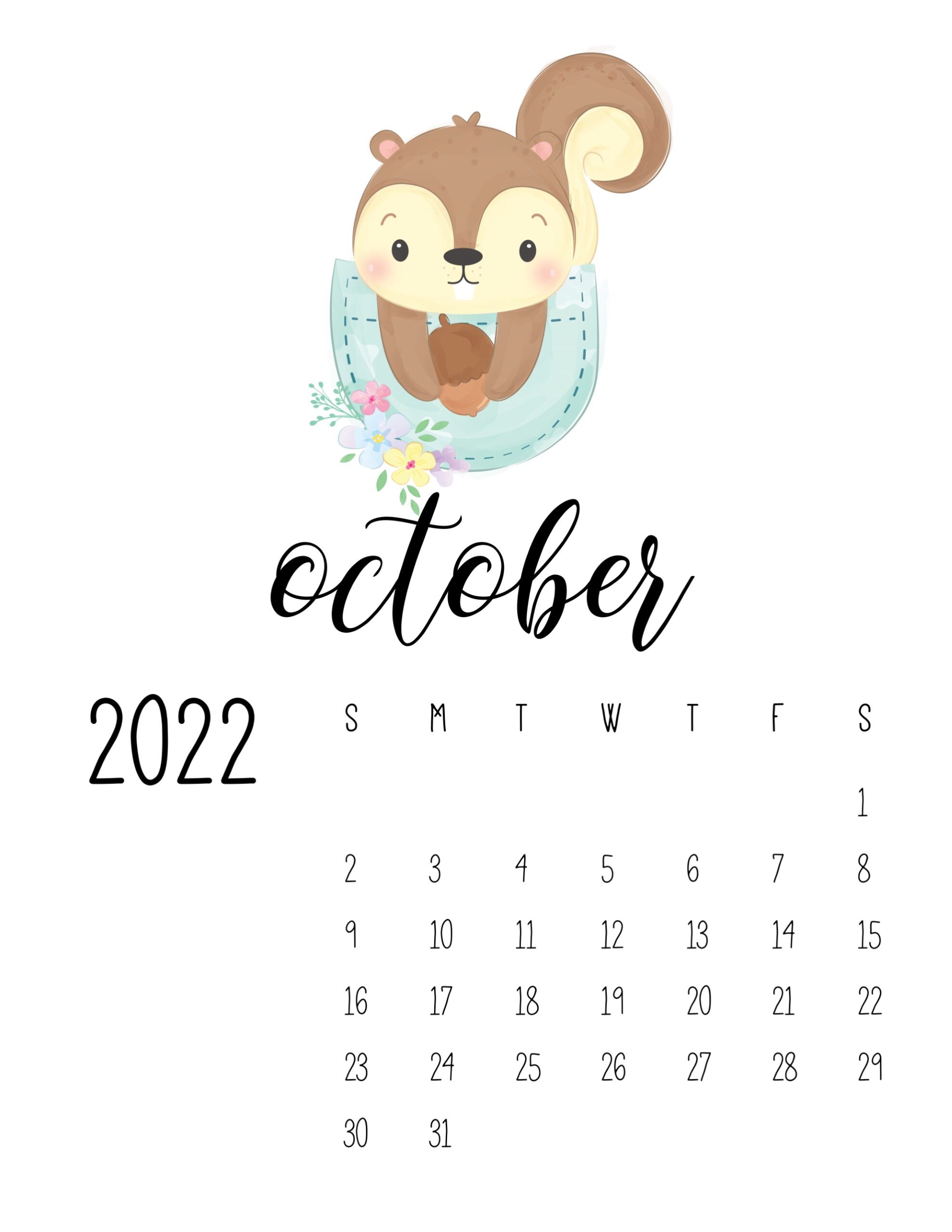 calendario 2022 animais cute outubro 1