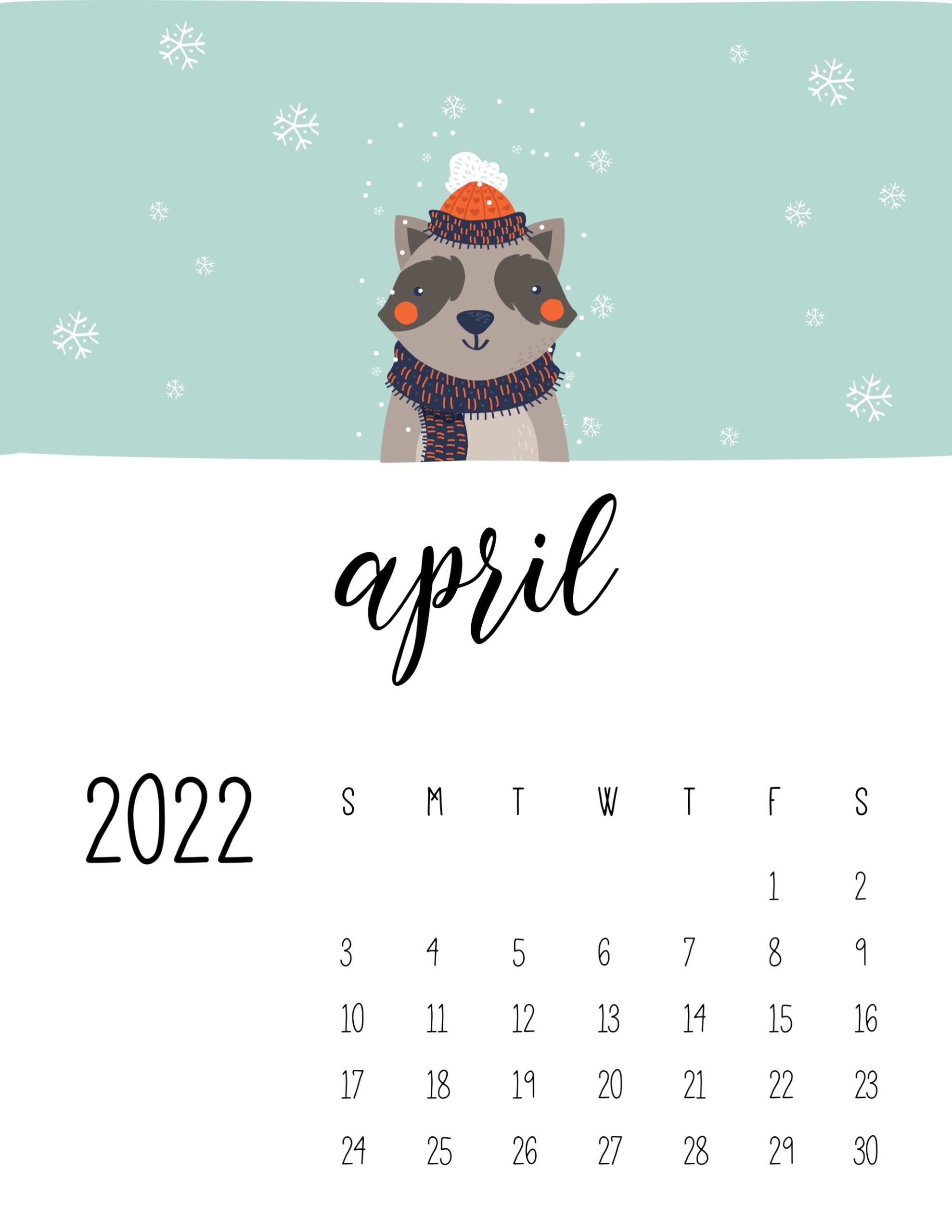 calendario 2022 animais inverno abril