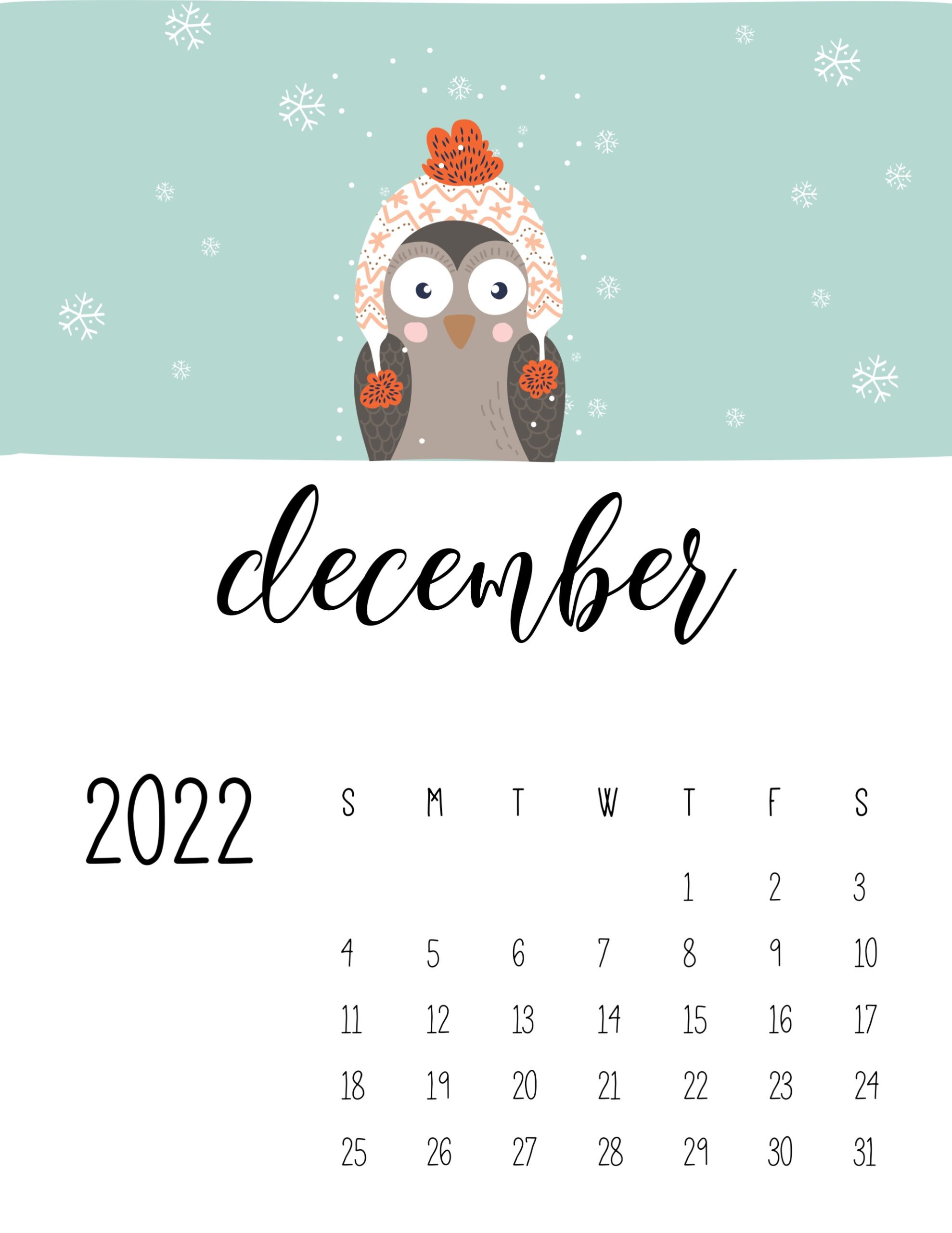 calendario 2022 animais inverno dezembro