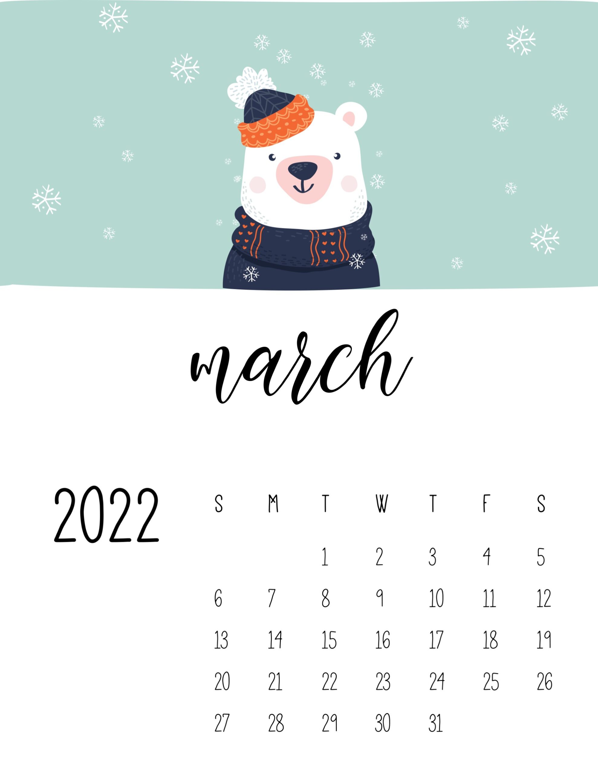 calendario 2022 animais inverno marco