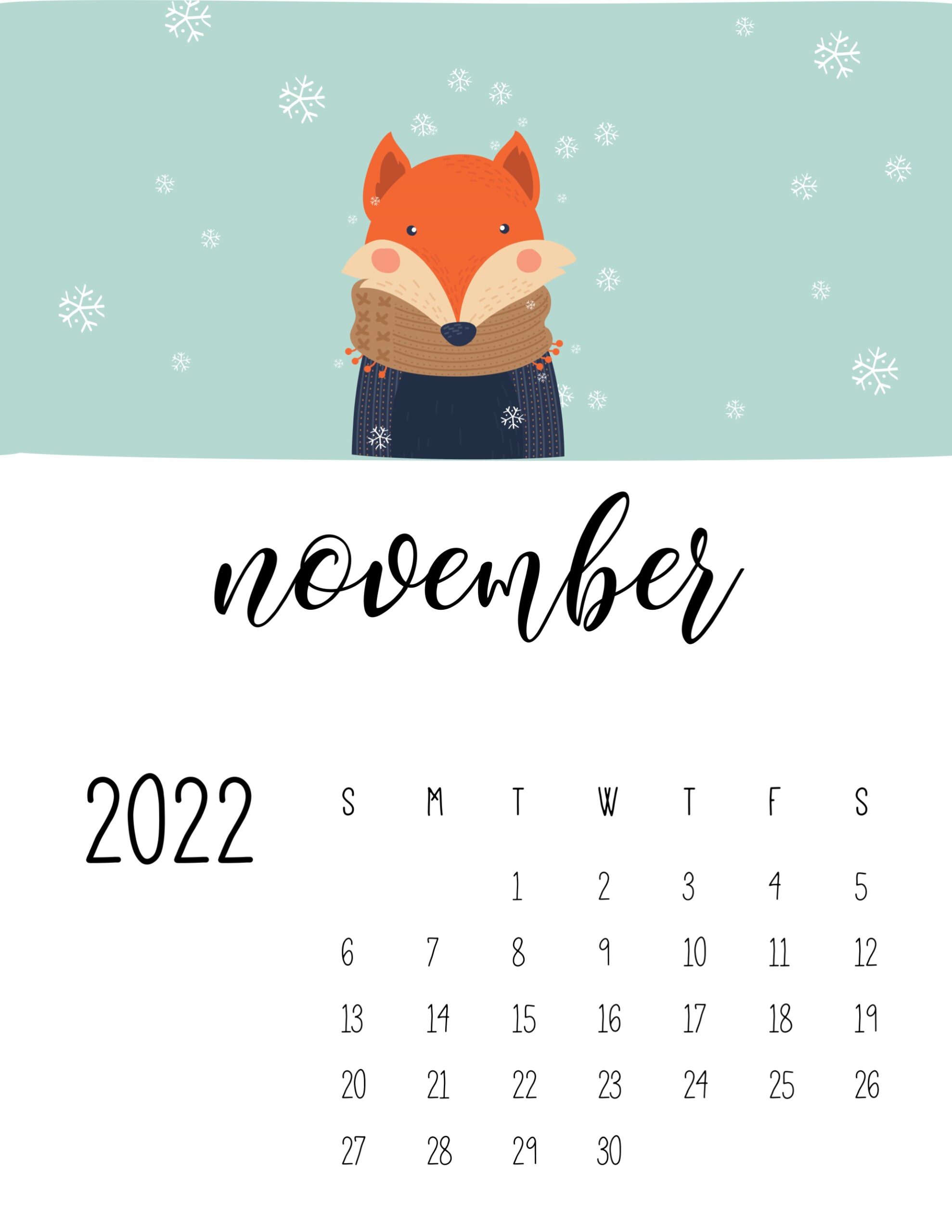 calendario 2022 animais inverno novembro