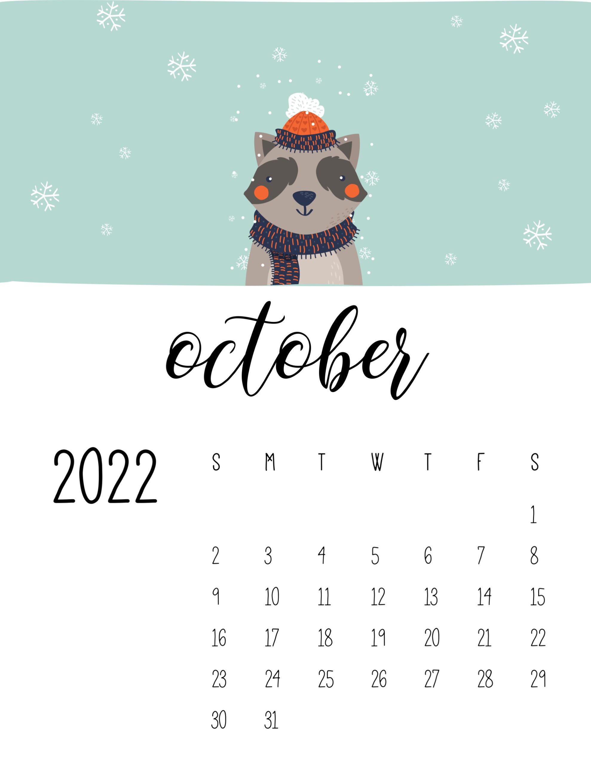 calendario 2022 animais inverno outubro