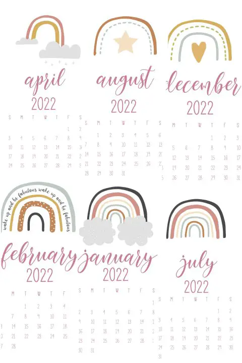 calendario 2022 arco iris para imprimir