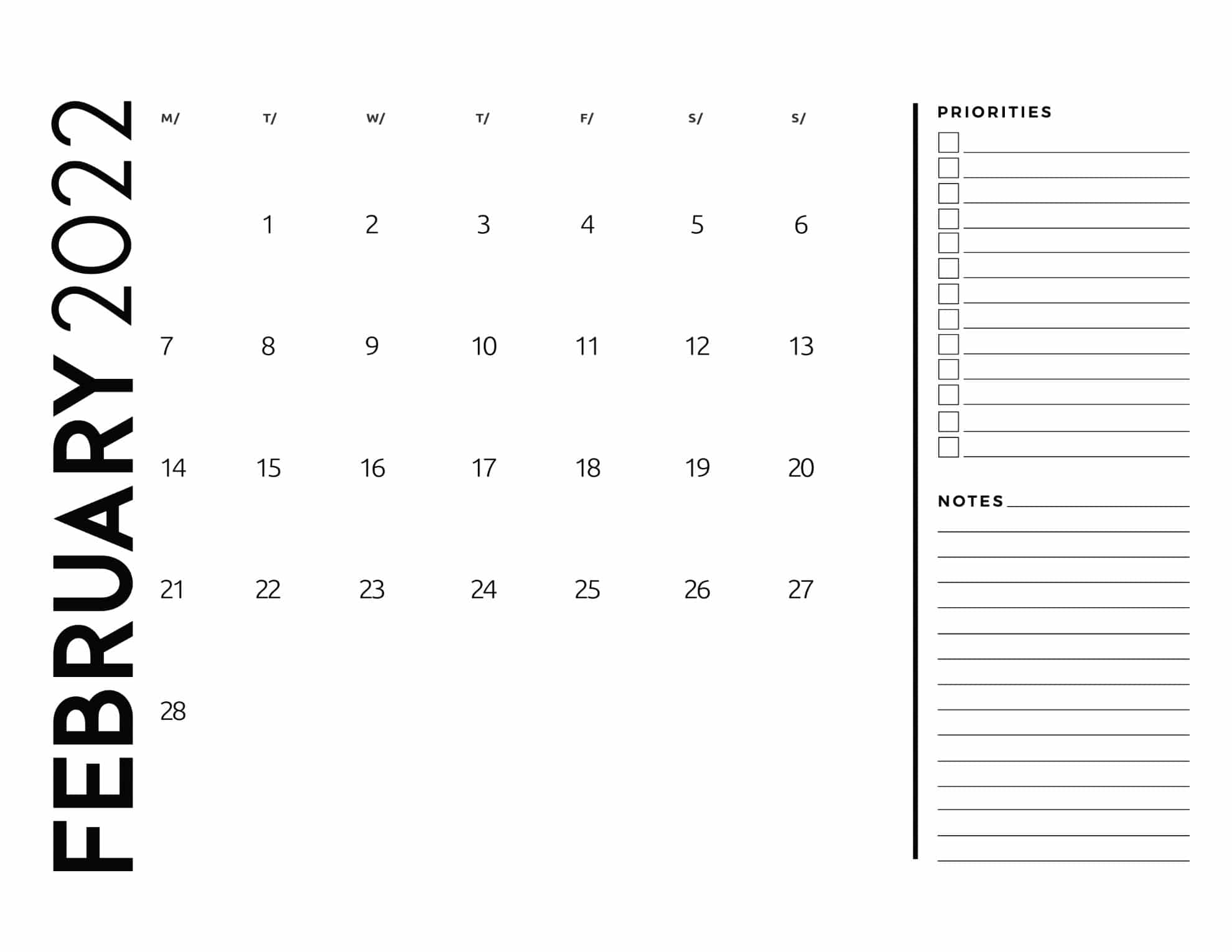 calendario 2022 basico com anotacoes fevereiro