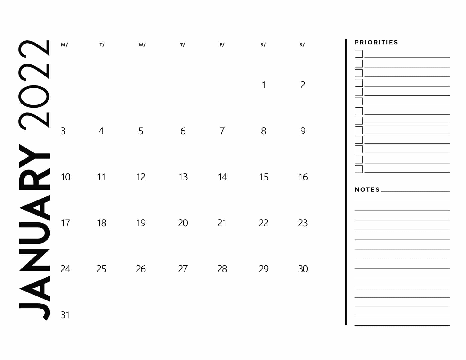 calendario 2022 basico com anotacoes janeiro