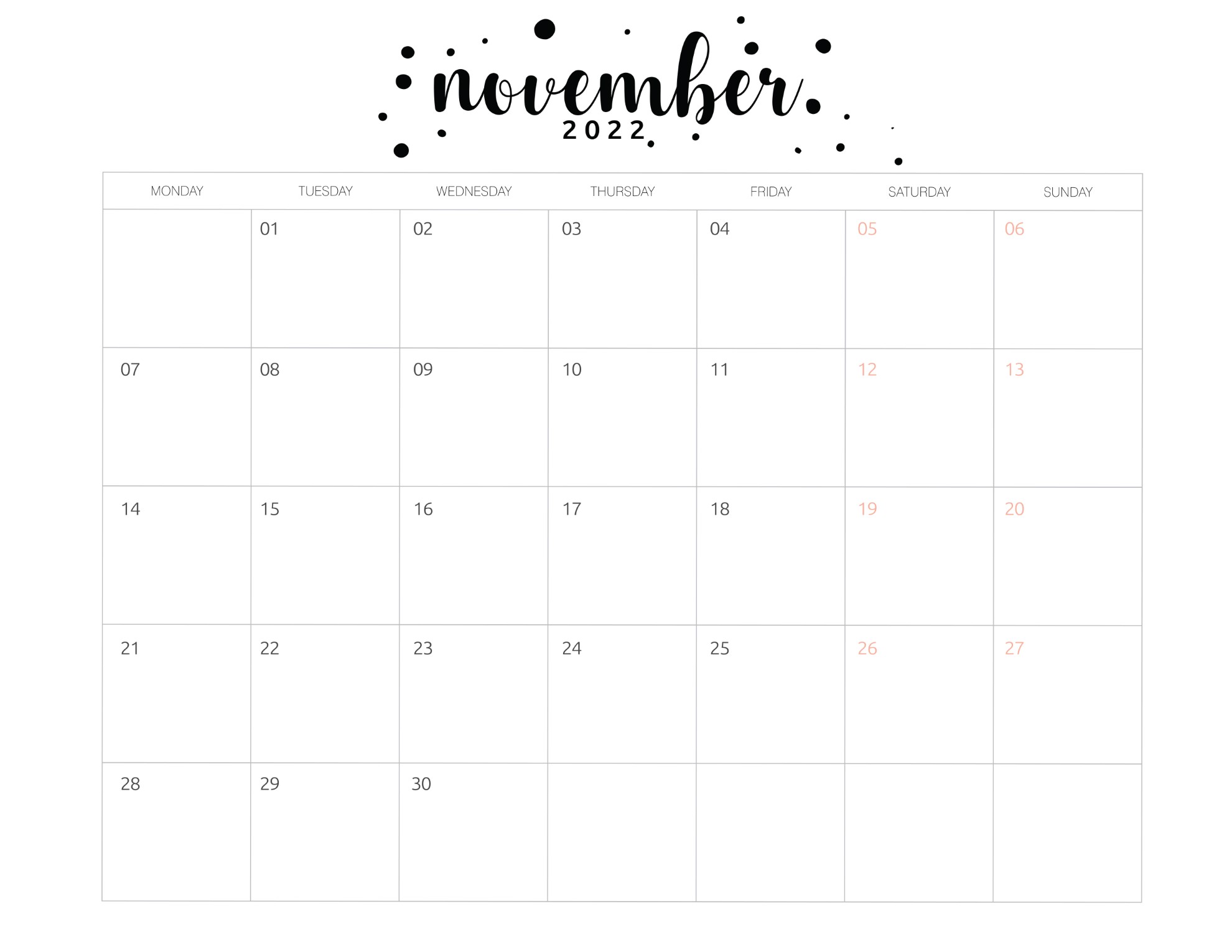 calendario 2022 basico novembro