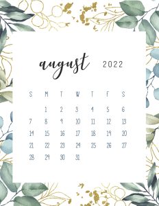 Calendario 2022 folhas agosto