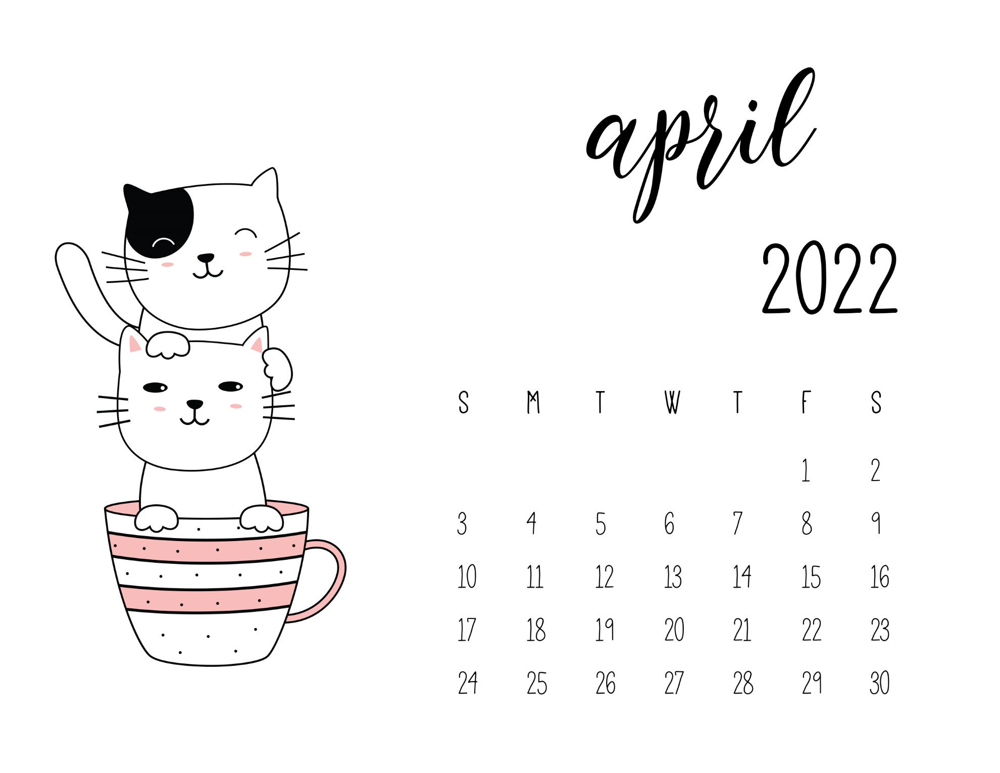 Calendario 2022 gatinhos abril