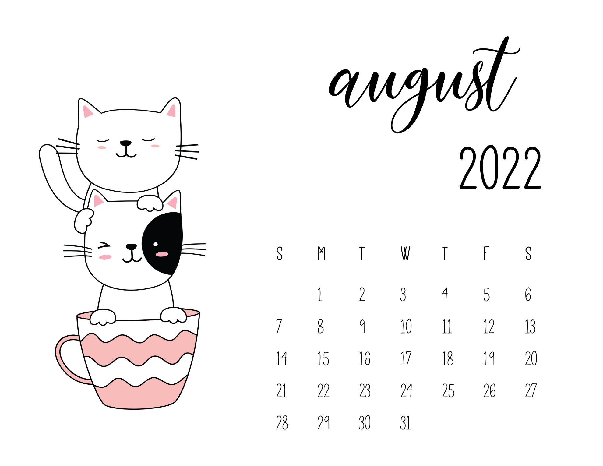 Calendario 2022 gatinhos agosto