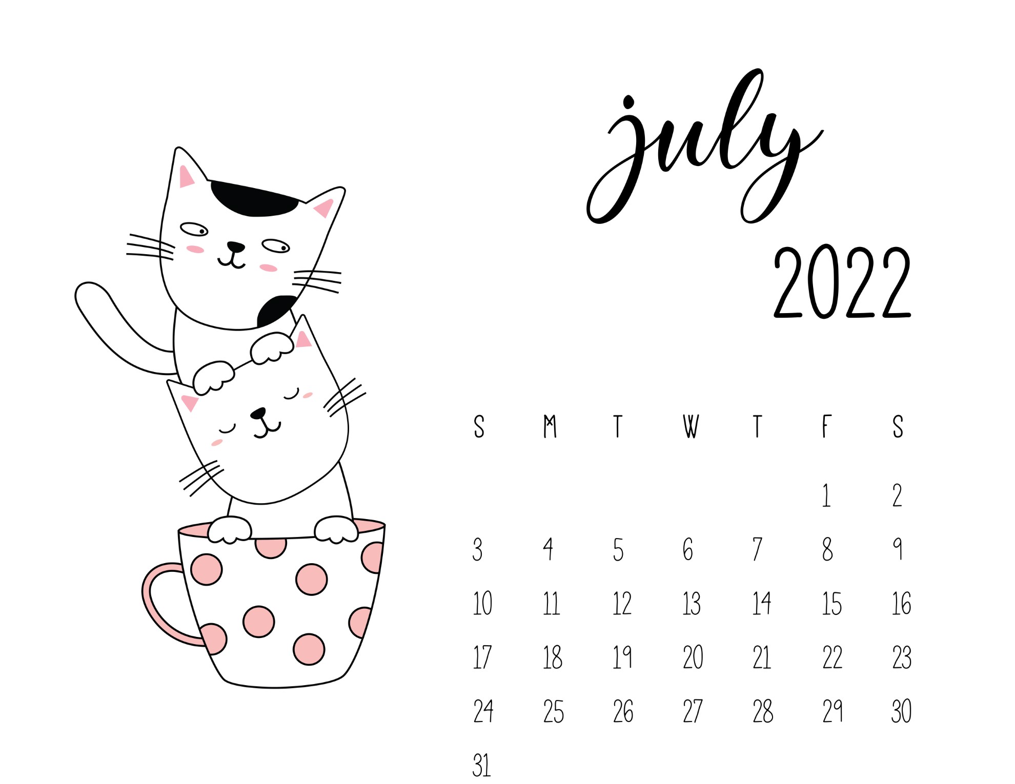 Calendario 2022 gatinhos julho
