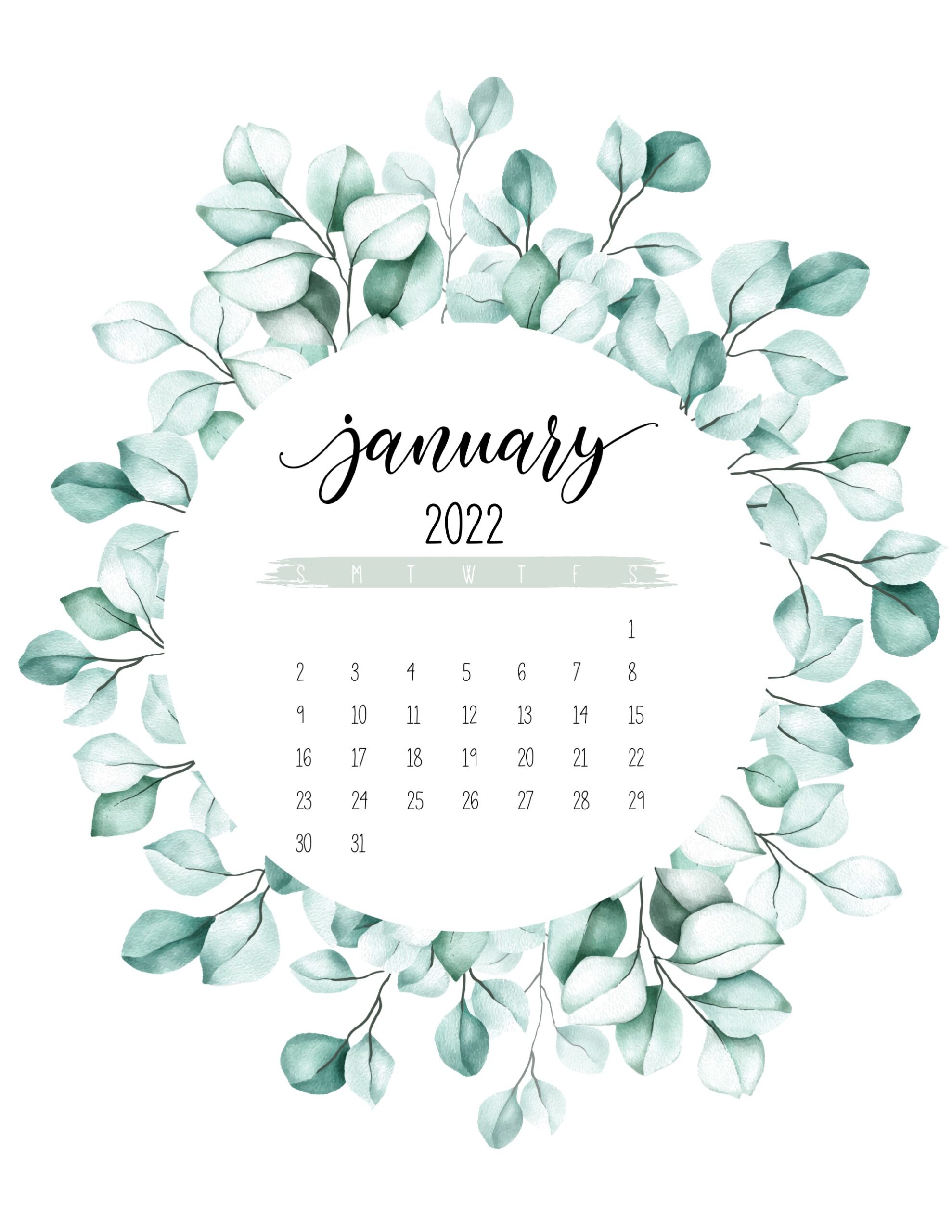 calendario 2022 circulo de folhas janeiro
