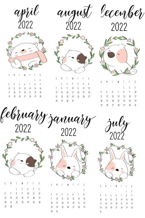 calendario 2022 cute animais para imprimir