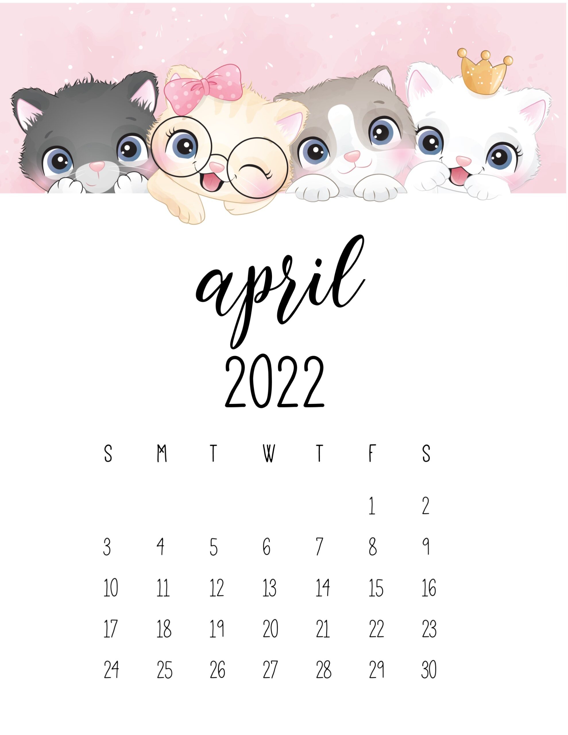 calendario 2022 gatinhos abril